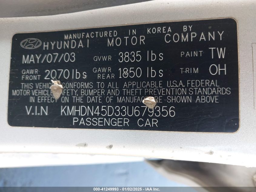 2003 Hyundai Elantra Gls/Gt VIN: KMHDN45D33U679356 Lot: 41249993