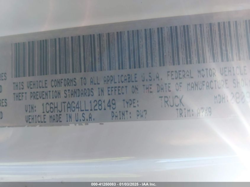 VIN 1C6HJTAG4LL128149 2020 Jeep Gladiator, Sport S 4X4 no.9