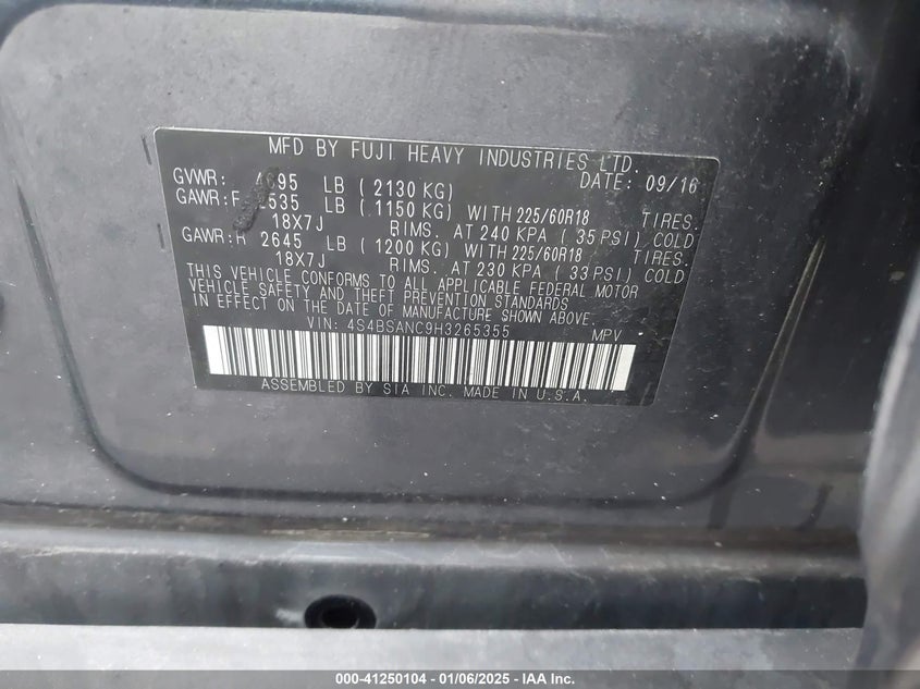 2017 SUBARU OUTBACK VIN: 4S4BSANC9H3265355