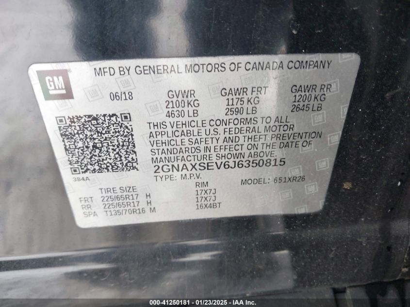 2018 Chevrolet Equinox Lt VIN: 2GNAXSEV6J6350815 Lot: 41250181