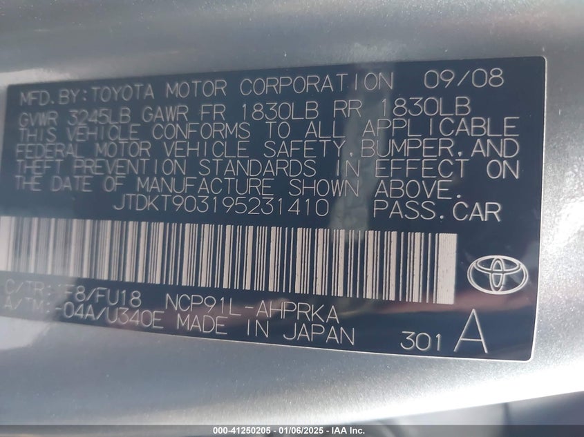 2009 TOYOTA YARIS VIN: JTDKT903195231410