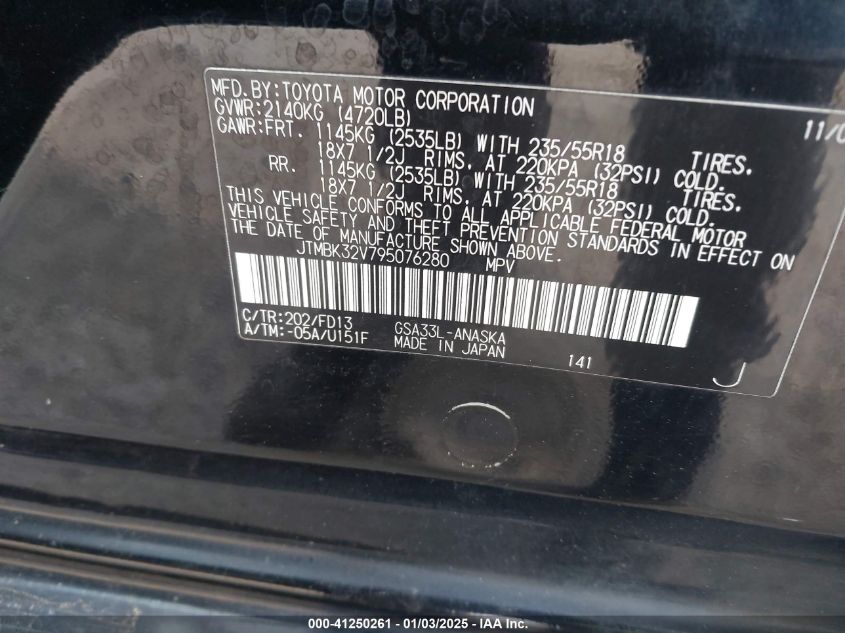 2009 Toyota Rav4 Sport VIN: JTMBK32V795076280 Lot: 41250261