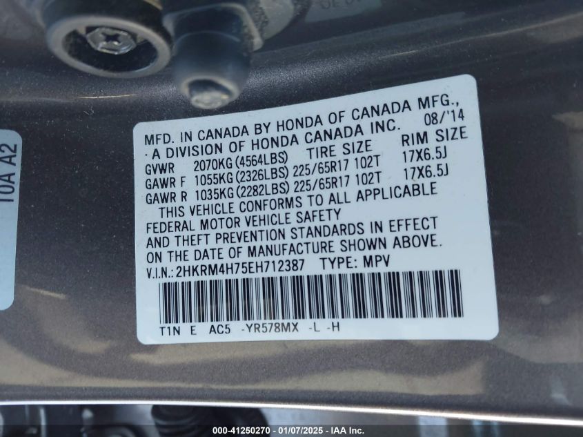 VIN 2HKRM4H75EH712387 2014 Honda CR-V, Ex-L no.9