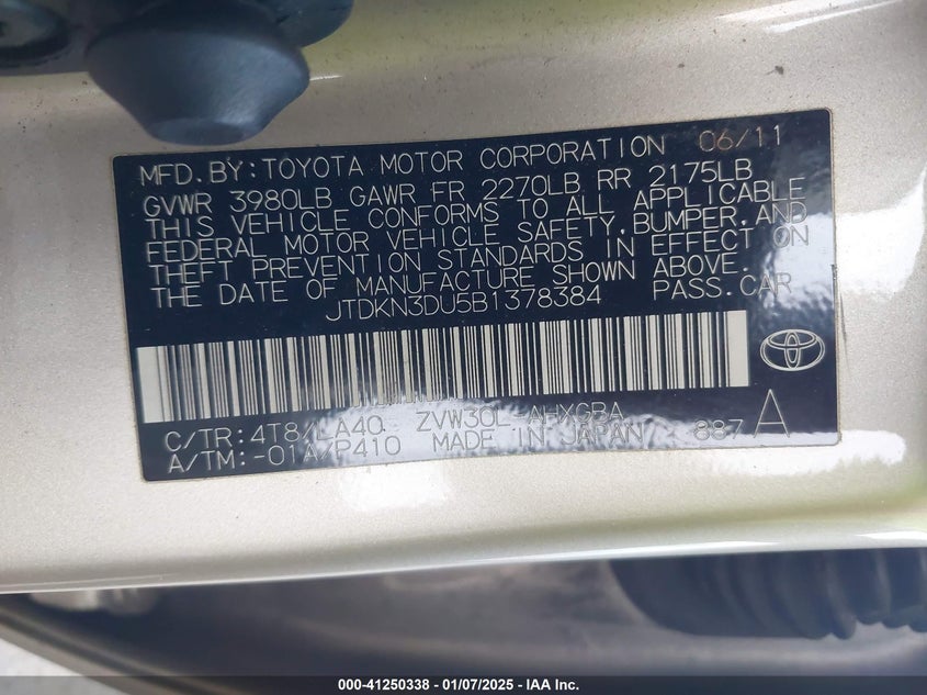 2011 TOYOTA PRIUS VIN: JTDKN3DU5B1378384