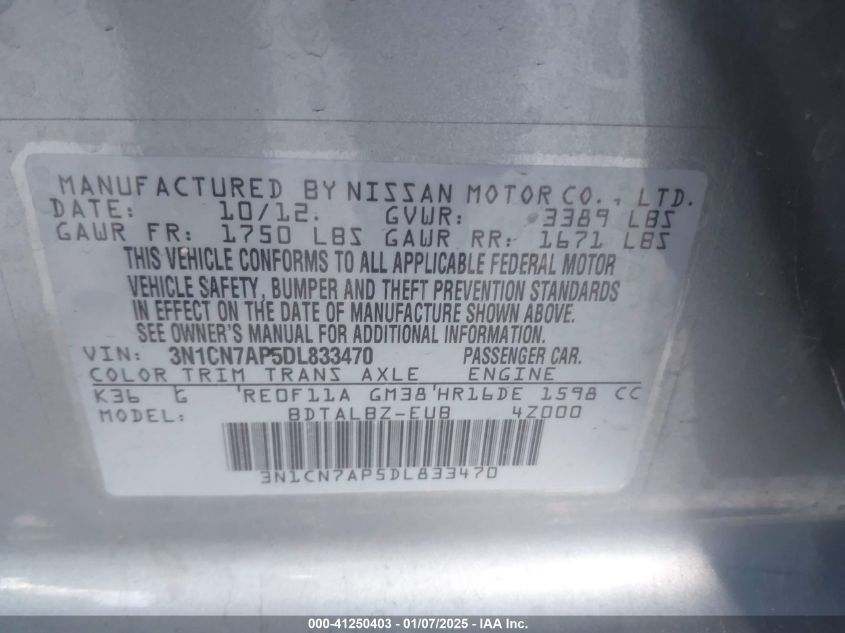 VIN 3N1CN7AP5DL833470 2013 NISSAN VERSA no.9