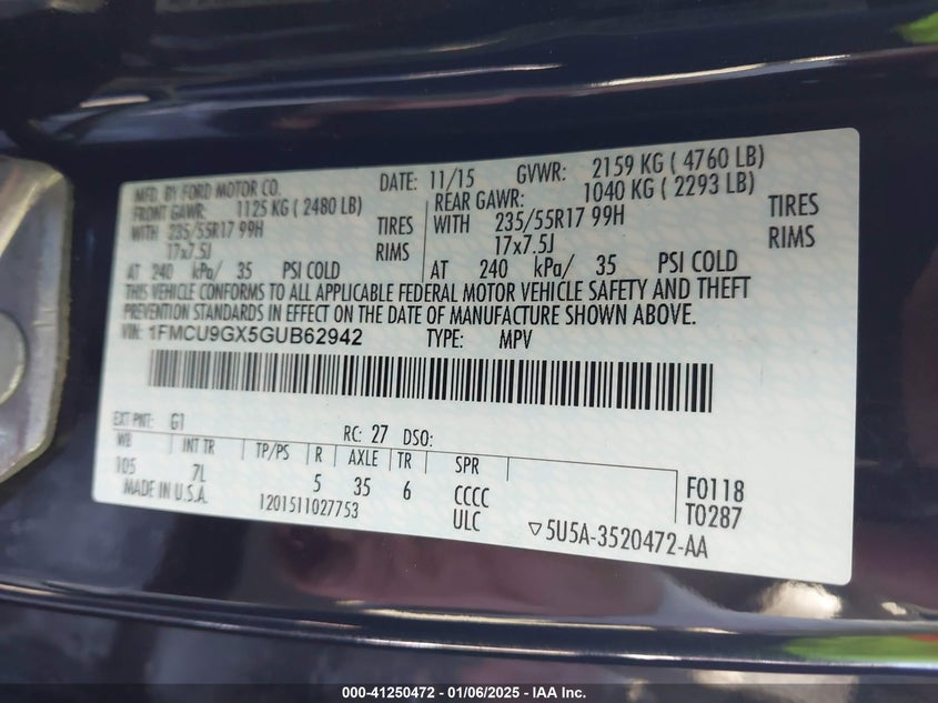 2016 FORD ESCAPE VIN: 1FMCU9GX5GUB62942