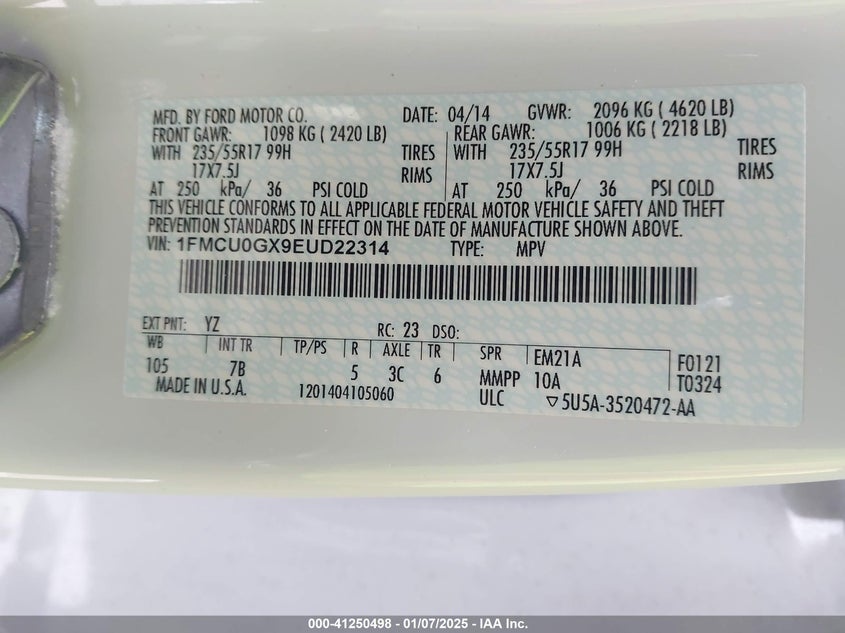 2014 FORD ESCAPE VIN: 1FMCU0GX9EUD22314