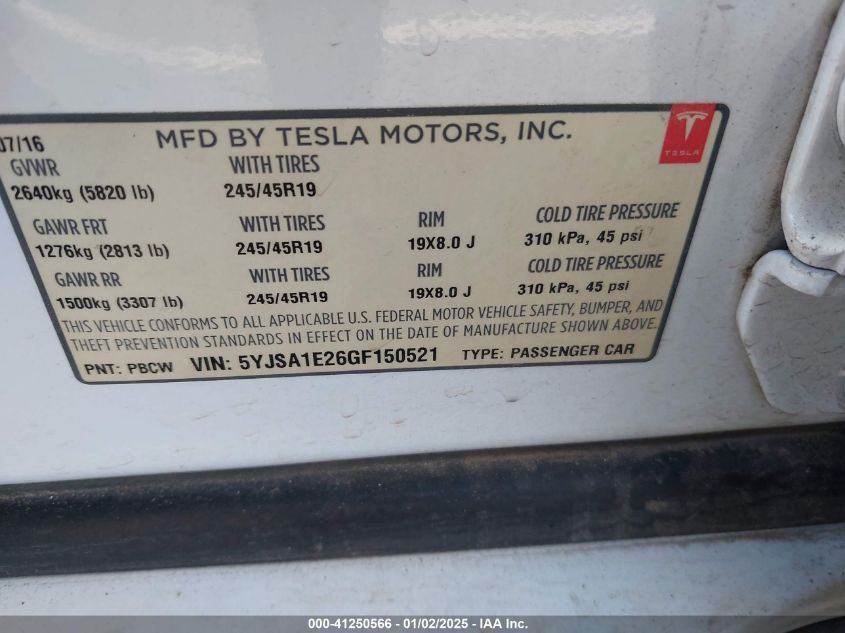 VIN 5YJSA1E26GF150521 2016 Tesla Model S, 60D/70D/7... no.9