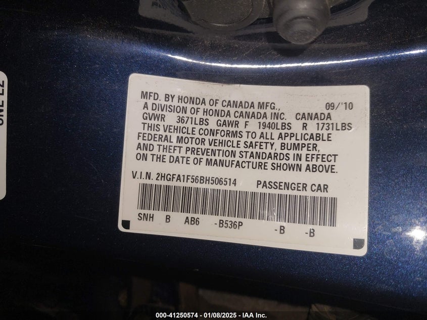2011 HONDA CIVIC VIN: 2HGFA1F56BH506514