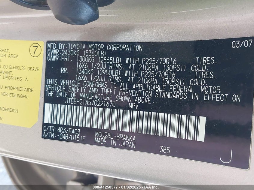 2007 Toyota Highlander V6 VIN: JTEEP21A570221670 Lot: 41250577