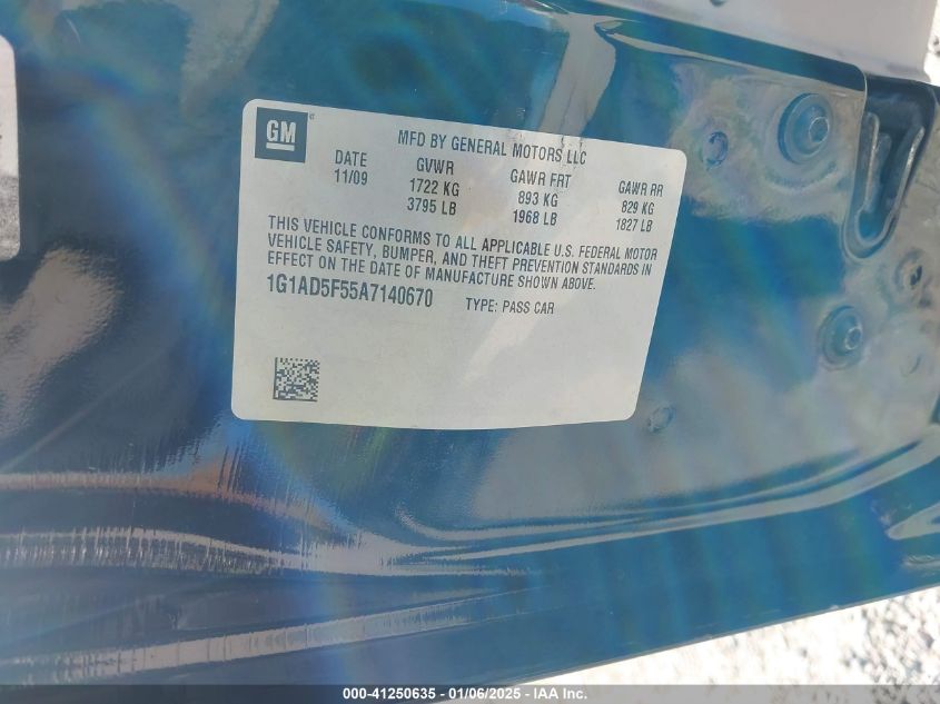 2010 Chevrolet Cobalt Lt VIN: 1G1AD5F55A7140670 Lot: 41250635