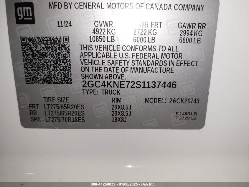 2025 Chevrolet Silverado 2500Hd 4Wd Standard Bed Lt VIN: 2GC4KNE72S1137446 Lot: 41250839