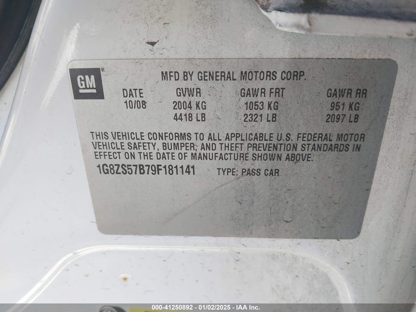 2009 SATURN AURA VIN: 1G8ZS57B79F181141