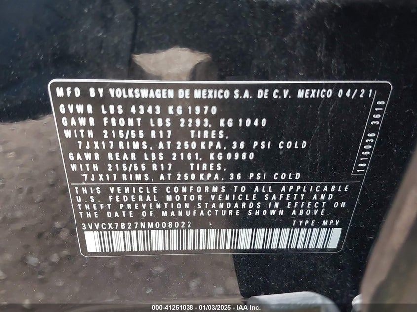 2022 VOLKSWAGEN TAOS 1.5T S - 3VVCX7B27NM008022