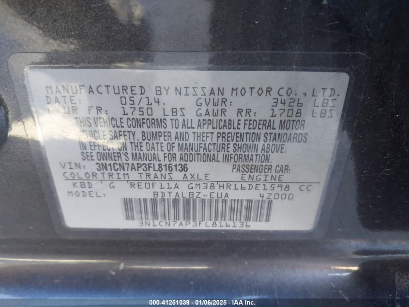 VIN 3N1CN7AP3FL816136 2015 NISSAN VERSA no.9