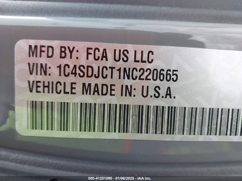 2022 Dodge Durango R/T VIN: 1C4SDJCT1NC220665 Lot: 41251090