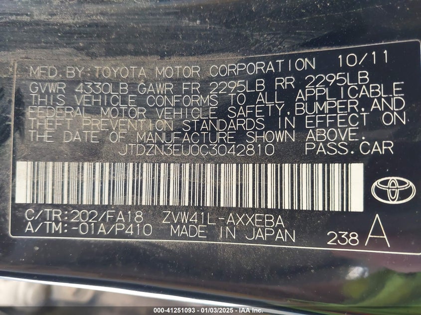 2012 TOYOTA PRIUS V VIN: JTDZN3EU0C3042810