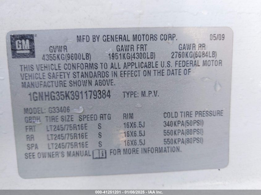 2009 Chevrolet Express 3500 Ls VIN: 1GNHG35K391179384 Lot: 41251201