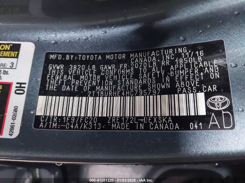 2017 Toyota Corolla Se VIN: 2T1BURHE4HC795797 Lot: 41251220