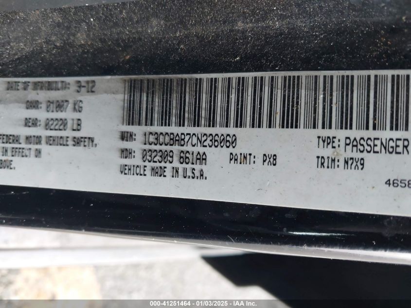 2012 Chrysler 200 Lx VIN: 1C3CCBAB7CN236060 Lot: 41251464