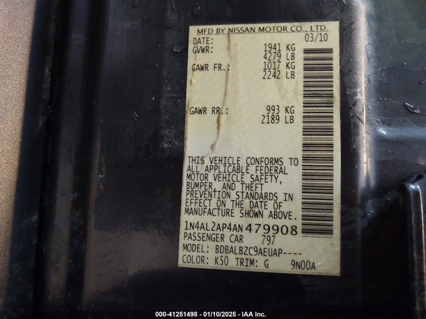 2010 NISSAN ALTIMA VIN: 1N4AL2AP4AN479908