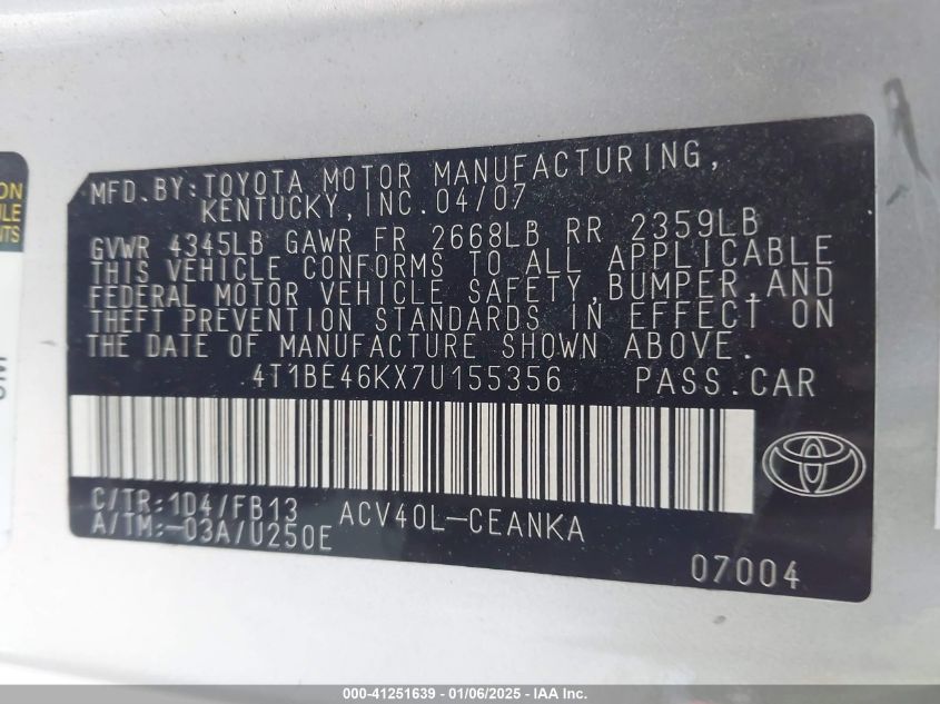 2007 Toyota Camry VIN: 4T1RE46KX7U155356 Lot: 41251639