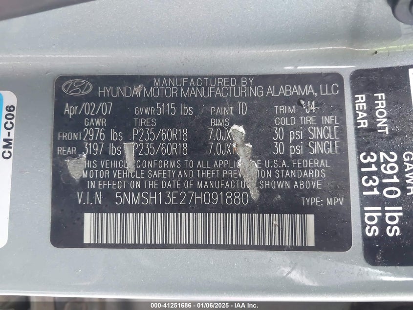 2007 HYUNDAI SANTA FE VIN: 5NMSH13E27H091880