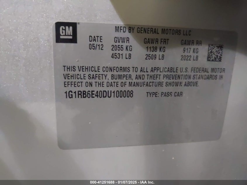 2013 CHEVROLET VOLT VIN: 1G1RB6E40DU100008