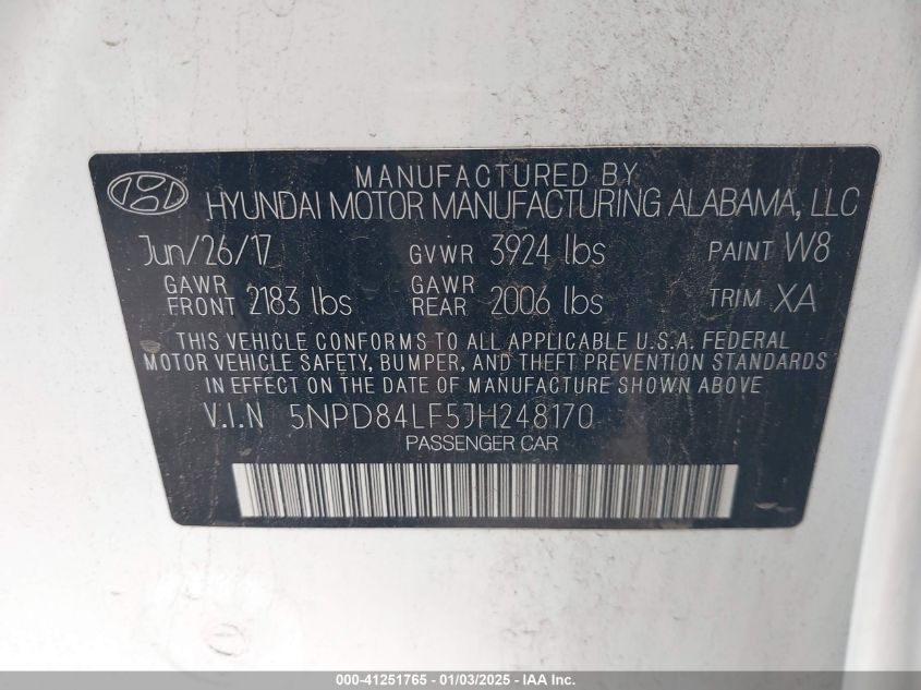 VIN 5NPD84LF5JH248170 2018 HYUNDAI ELANTRA no.9