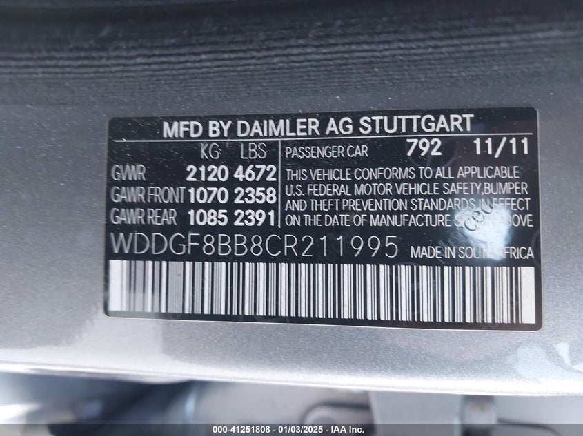 2012 MERCEDES-BENZ C 300 VIN: WDDGF8BB8CR211995