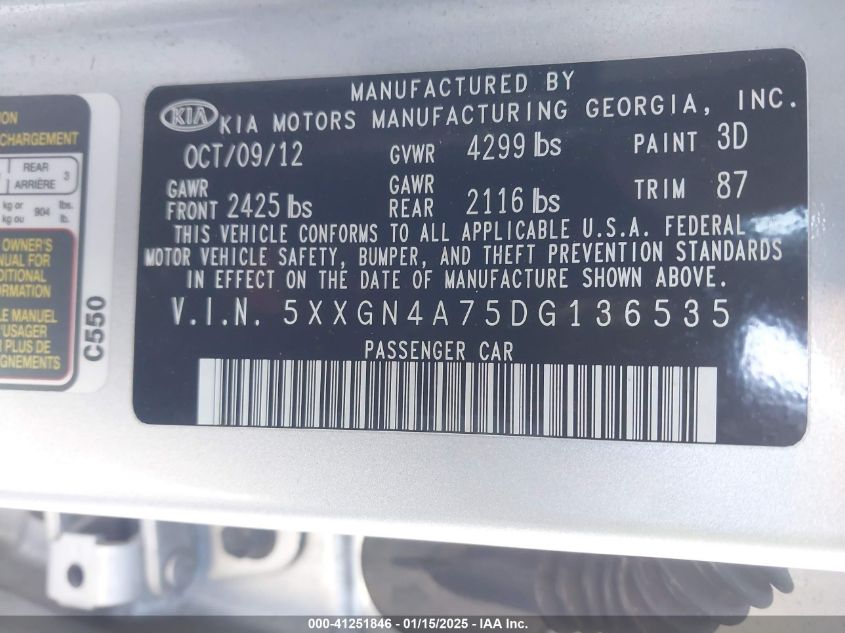 VIN 5XXGN4A75DG136535 2013 KIA Optima, EX no.9