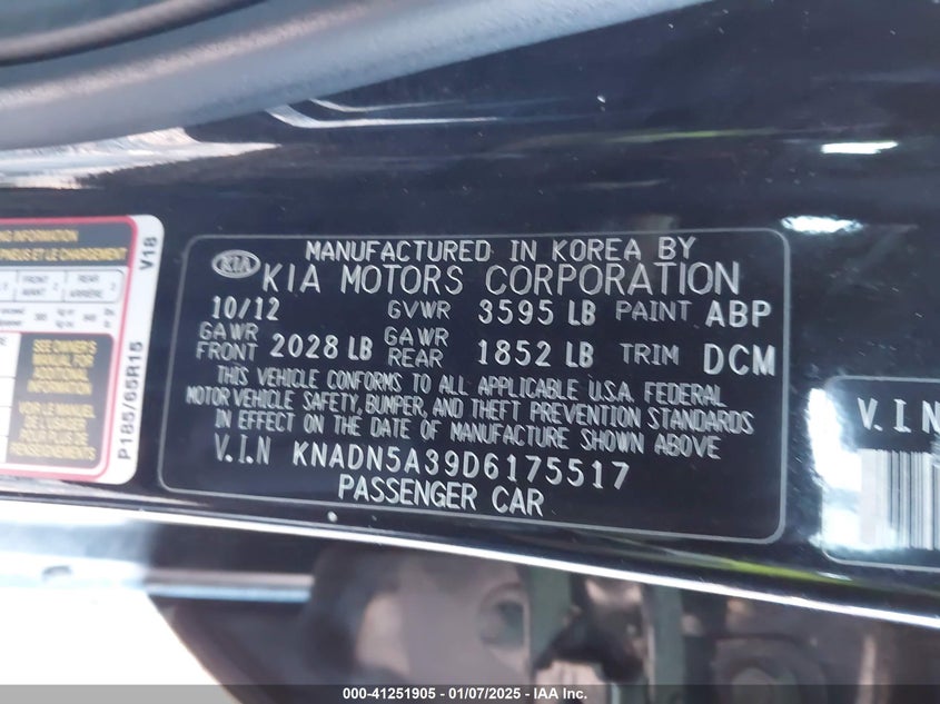 2013 KIA RIO VIN: KNADN5A39D6175517