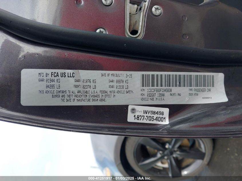 2015 Dodge Dart Sxt VIN: 1C3CDFBB3FD345838 Lot: 41251917