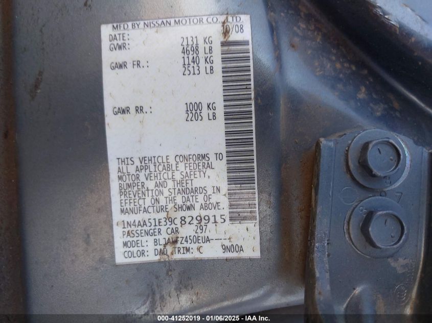 2009 Nissan Maxima 3.5 Sv VIN: 1N4AA51E39C829915 Lot: 41252019