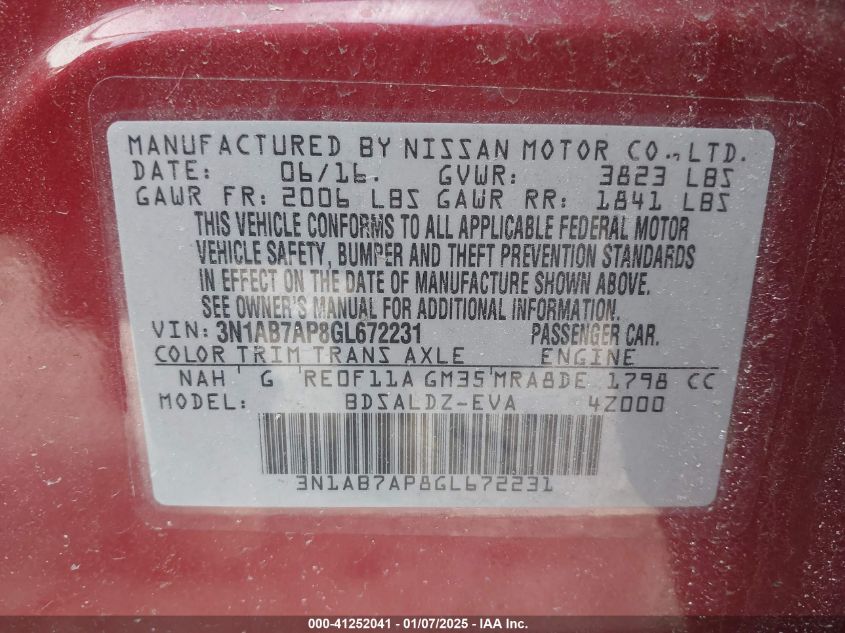 VIN 3N1AB7AP8GL672231 2016 NISSAN SENTRA no.9