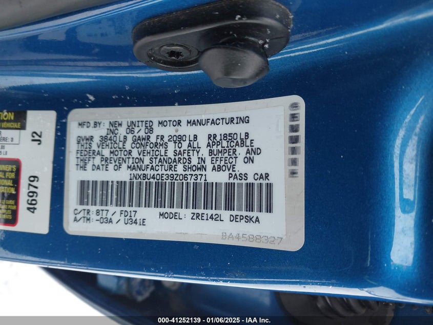 2009 TOYOTA COROLLA VIN: 1NXBU40E39Z067371