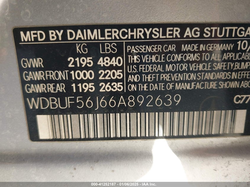2006 MERCEDES-BENZ E 350 VIN: WDBUF56J66A892639