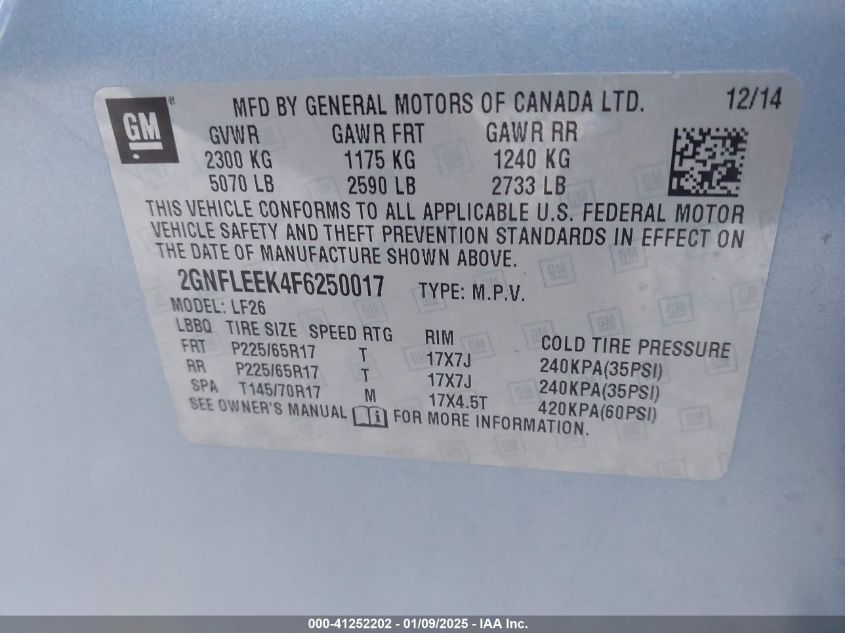 VIN 2GNFLEEK4F6250017 2015 Chevrolet Equinox, LS no.9