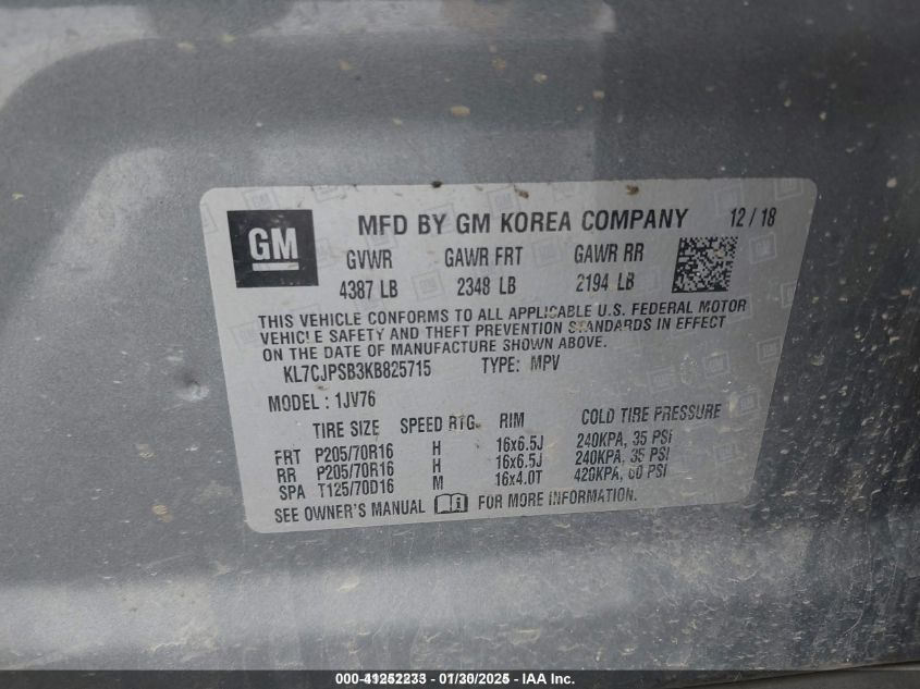 2019 Chevrolet Trax Lt VIN: KL7CJPSB3KB825715 Lot: 41252233