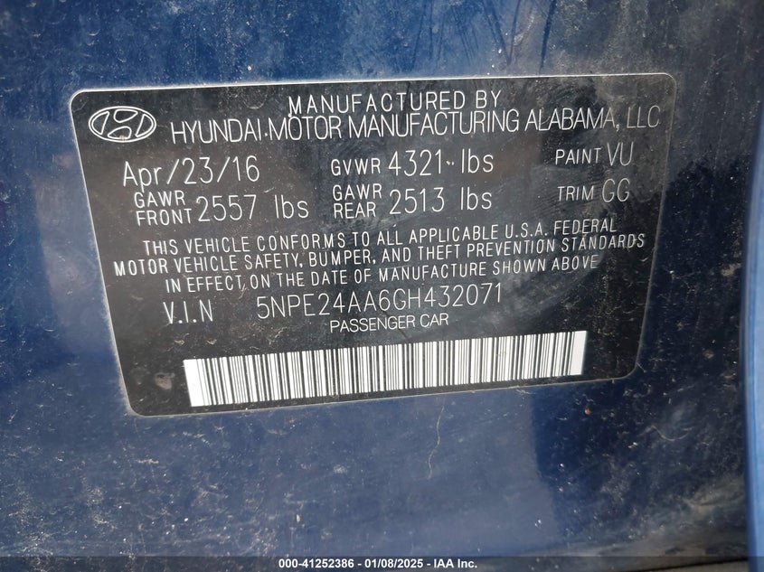 2016 HYUNDAI SONATA VIN: 5NPE24AA6GH432071