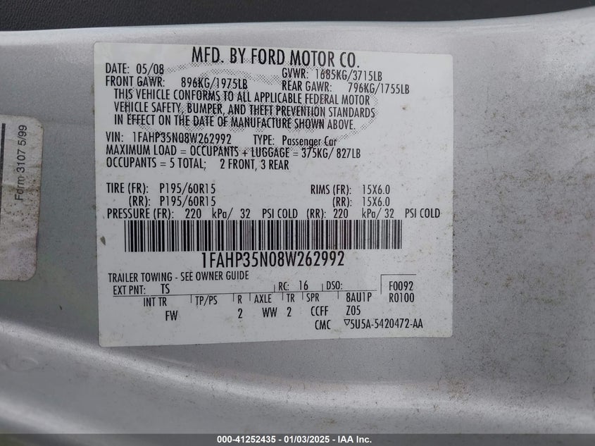 2008 FORD FOCUS VIN: 1FAHP35N08W262992