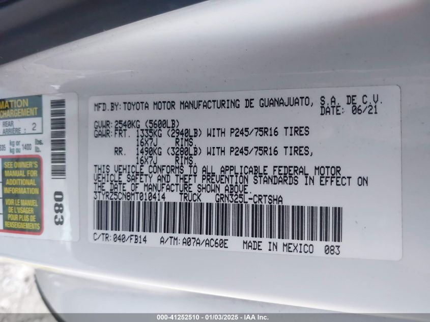 2021 Toyota Tacoma Sr V6 VIN: 3TYRZ5CN8MT010414 Lot: 41252510