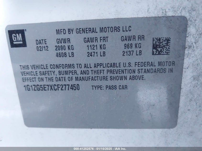 2012 CHEVROLET MALIBU VIN: 1G1ZG5E7XCF277450