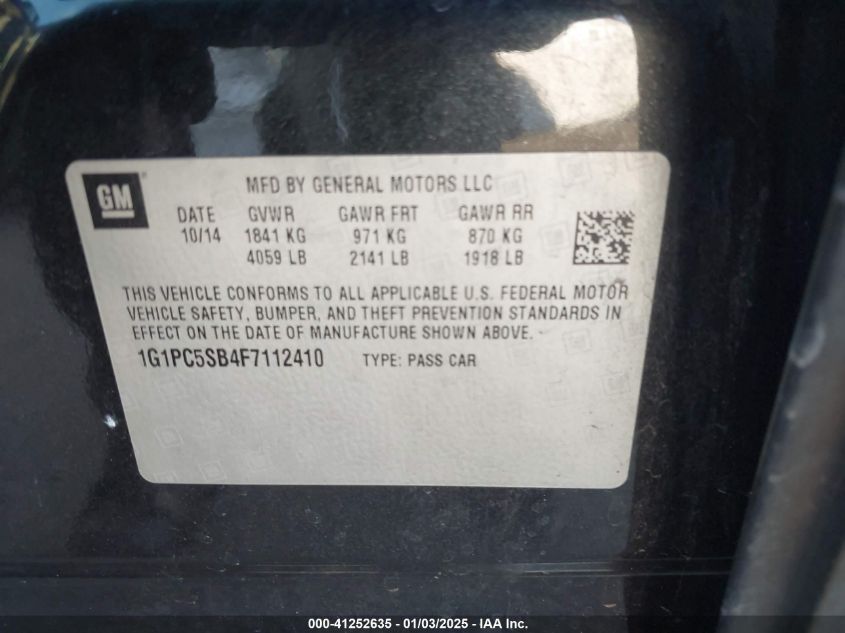 2015 Chevrolet Cruze 1Lt Auto VIN: 1G1PC5SB4F7112410 Lot: 41252635