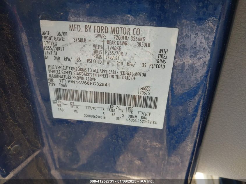 2008 Ford F-150 60Th Anniversary/Fx4/King Ranch/Lariat/Xlt VIN: 1FTPW14V68FC32541 Lot: 41252731