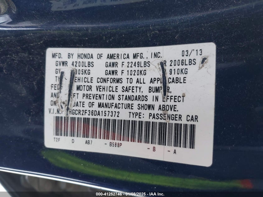2013 HONDA ACCORD VIN: 1HGCR2F36DA157372