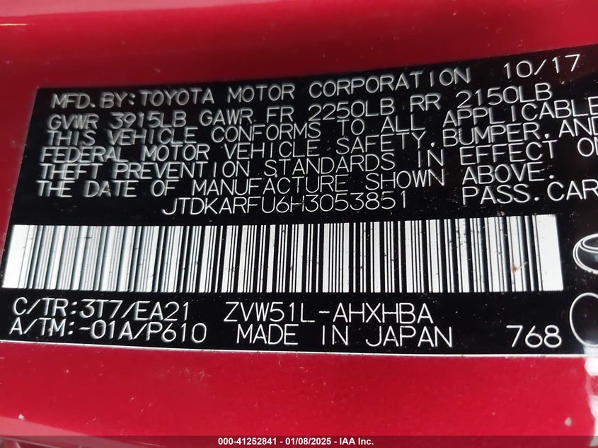 2017 TOYOTA PRIUS VIN: JTDKARFU6H3053851