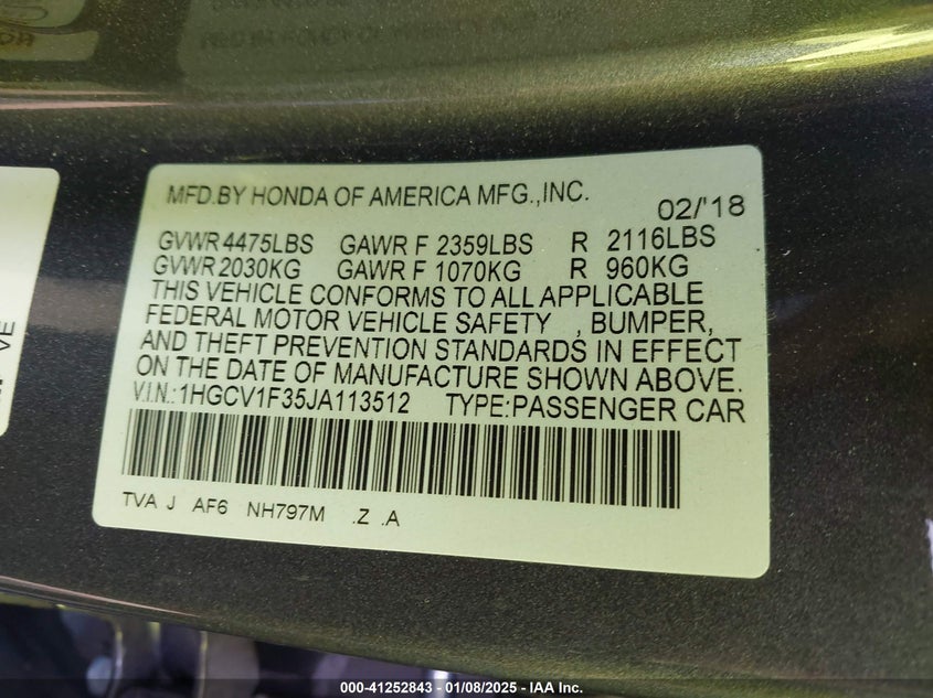 2018 HONDA ACCORD VIN: 1HGCV1F35JA113512