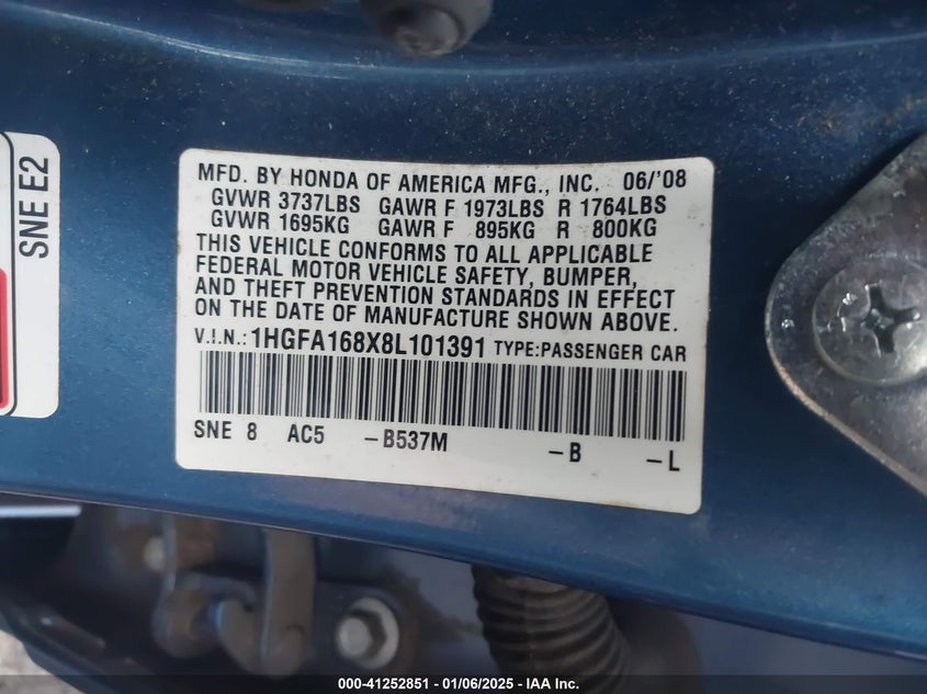 2008 HONDA CIVIC VIN: 1HGFA168X8L101391