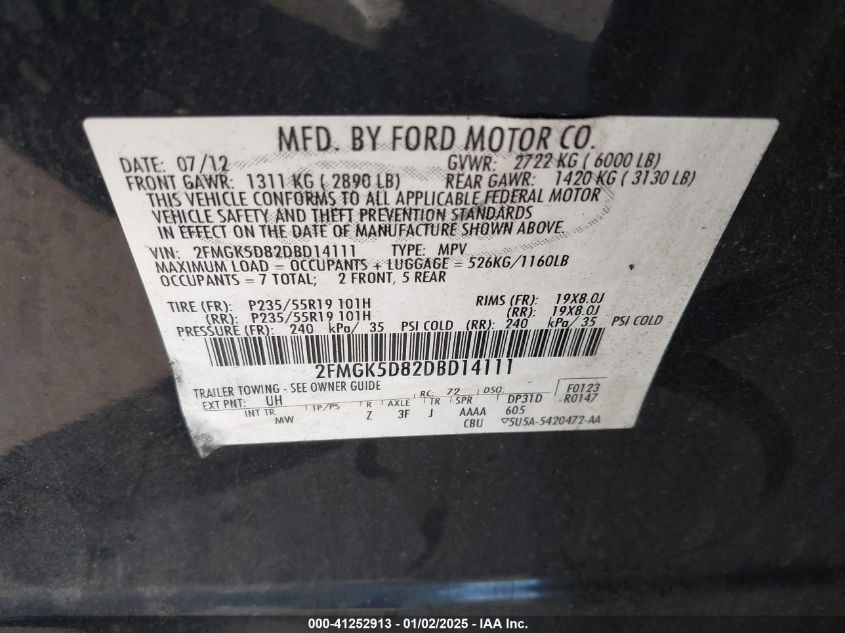 2013 Ford Flex Limited VIN: 2FMGK5D82DBD14111 Lot: 41252913